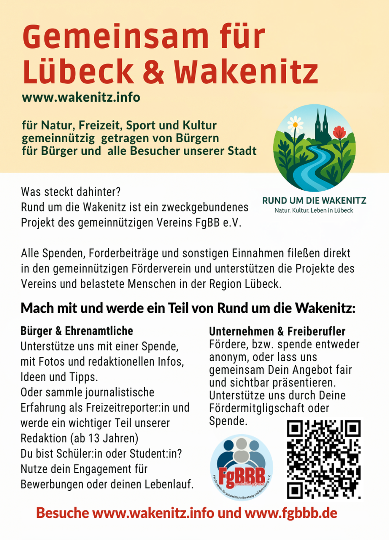 Flyer Rund um die Wakenitz und FgBBB e. V. Rückseite. Mach einfach mit.